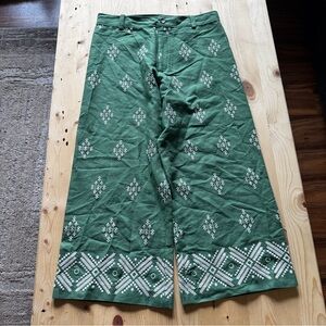 Zara Green Pants with‎ White Embroidered Accents